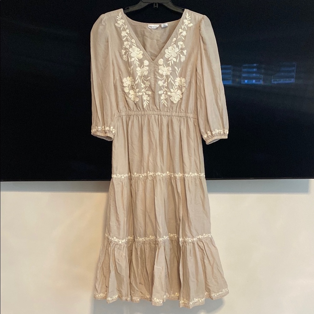 Lucky Brand Tan Tiered Dress with Bishop Sleeves